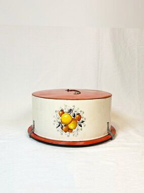 Vintage Decoware Red Metal Strawberries Peaches Cake Carrier with Handle